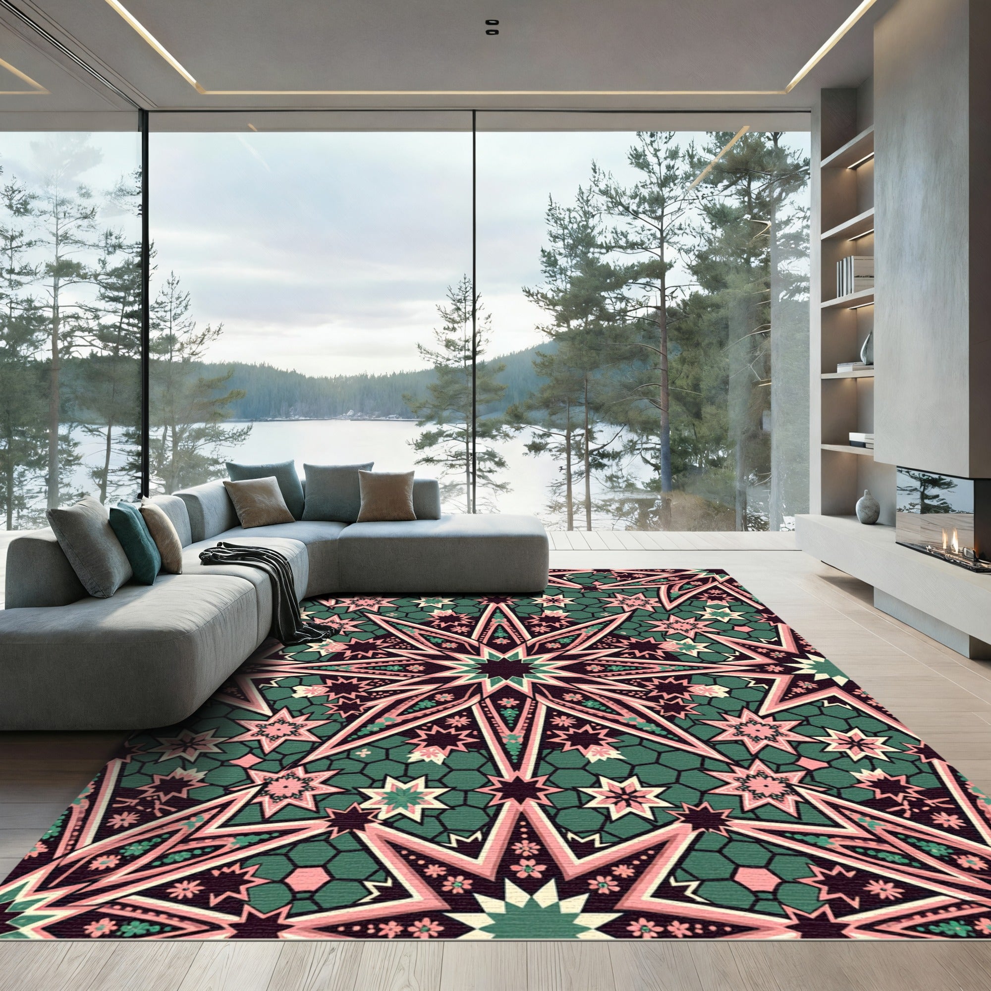 Pink Green Starburst Geometric Rug
