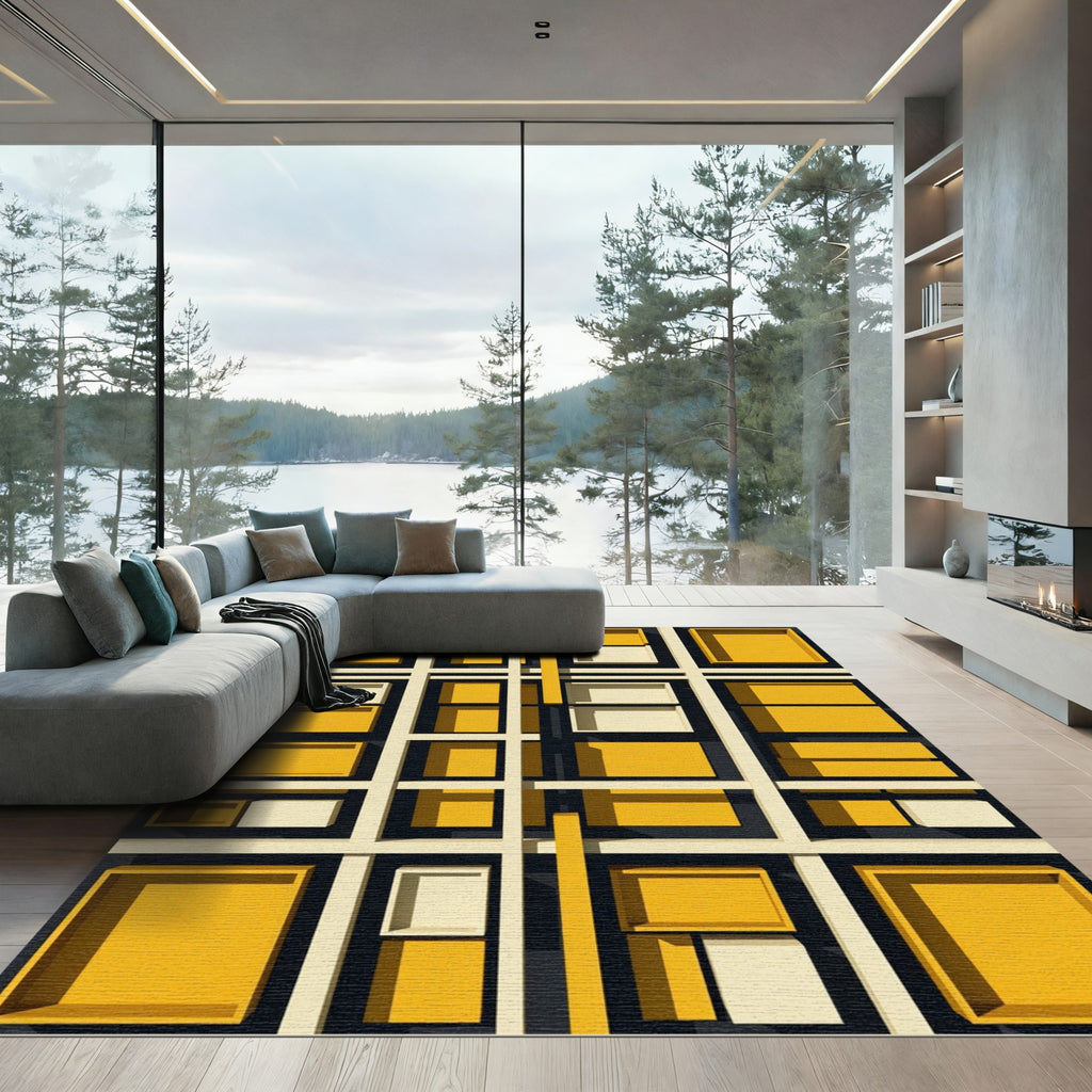 Modern Geometric Golden Grid Abstract Rug