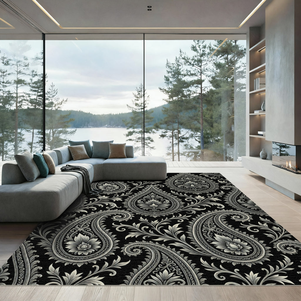Black Silver Paisley Floral Scroll Rug