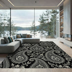 Black Silver Paisley Floral Scroll Rug