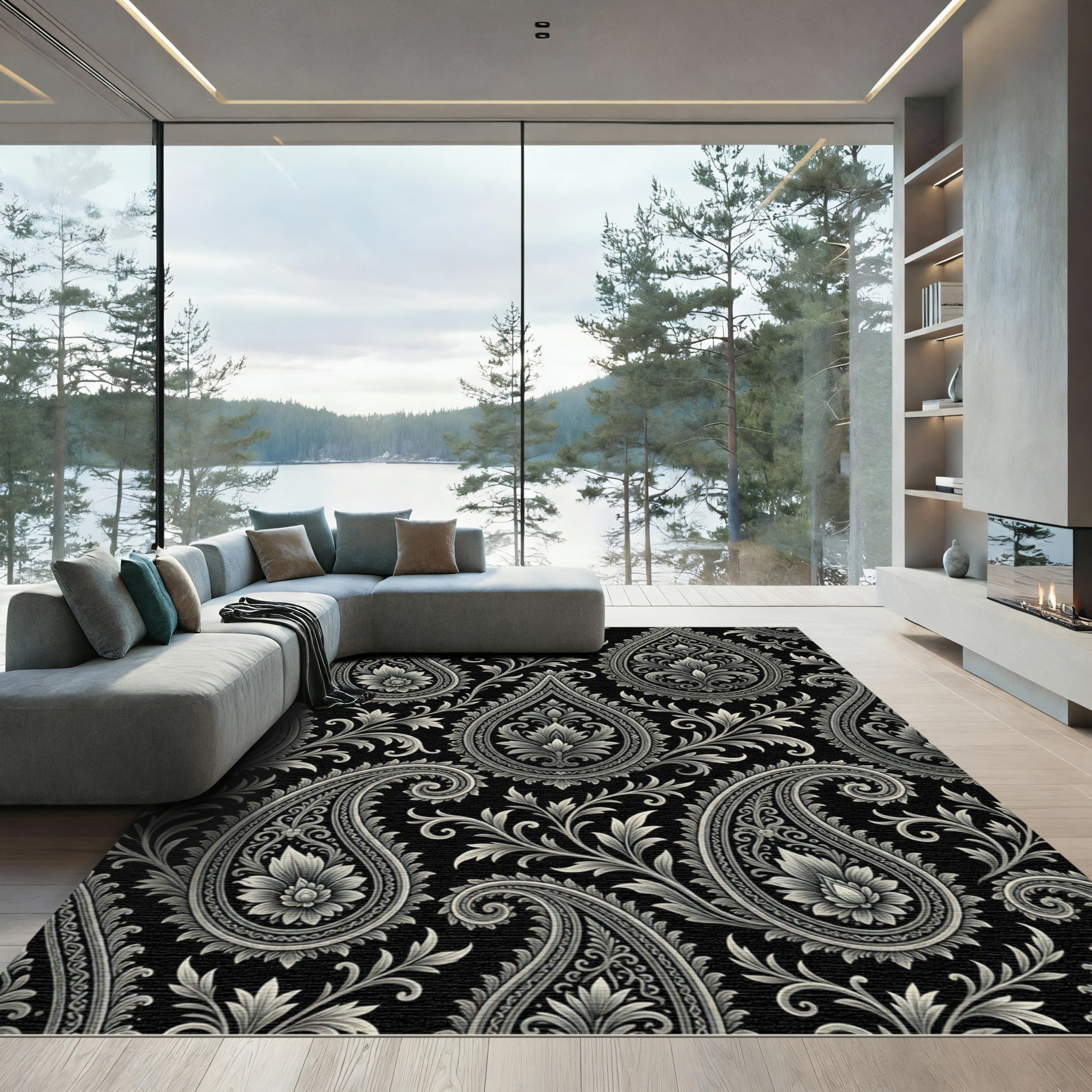 Black Silver Paisley Floral Scroll Rug