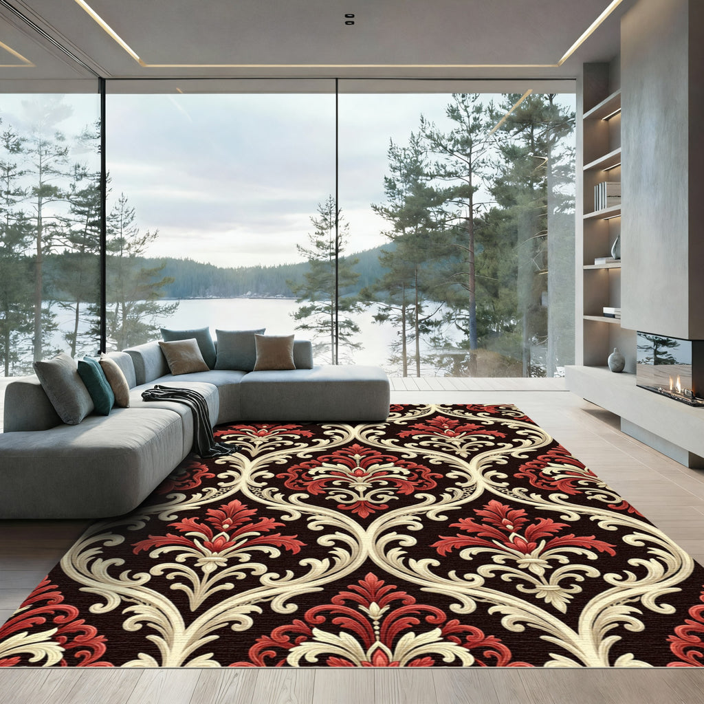 Crimson Ivory Damask Scrollwork Rug