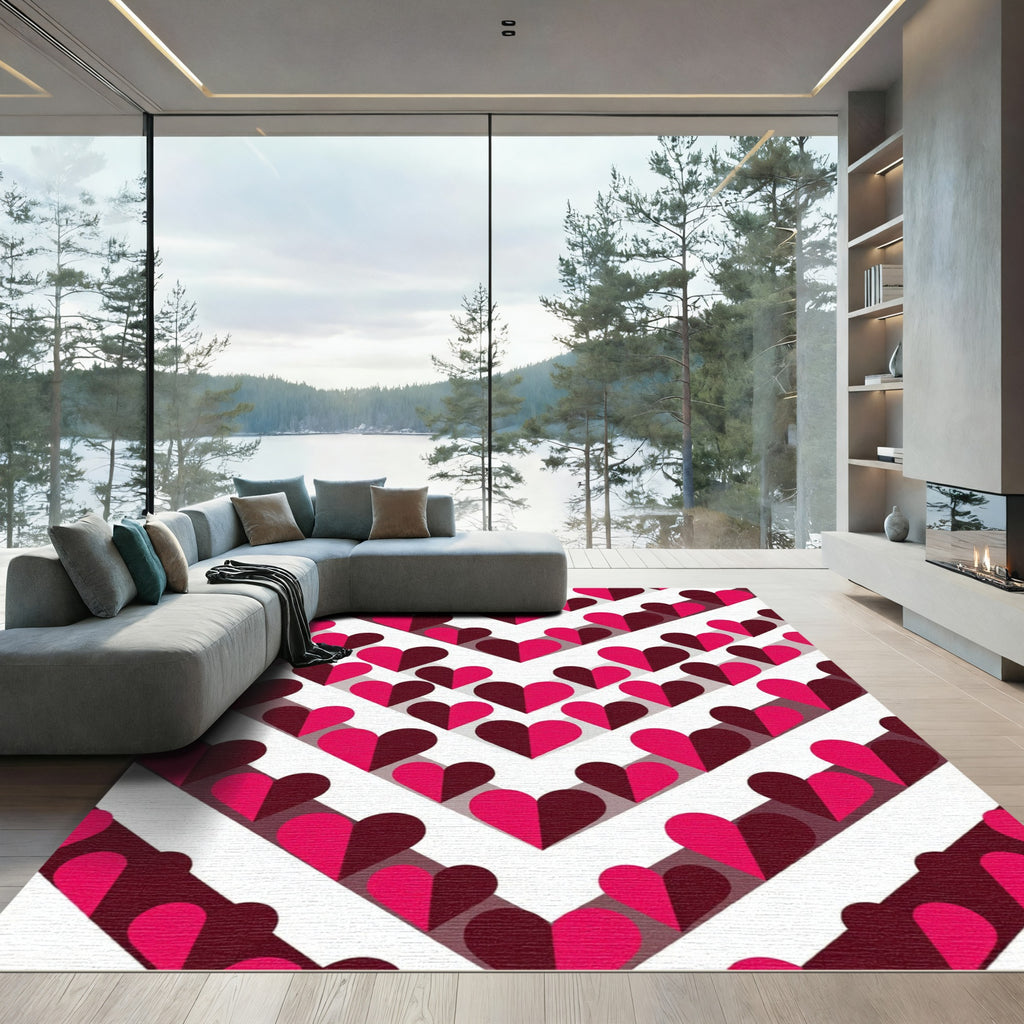 Pink And Burgundy Hearts Chevron Rug
