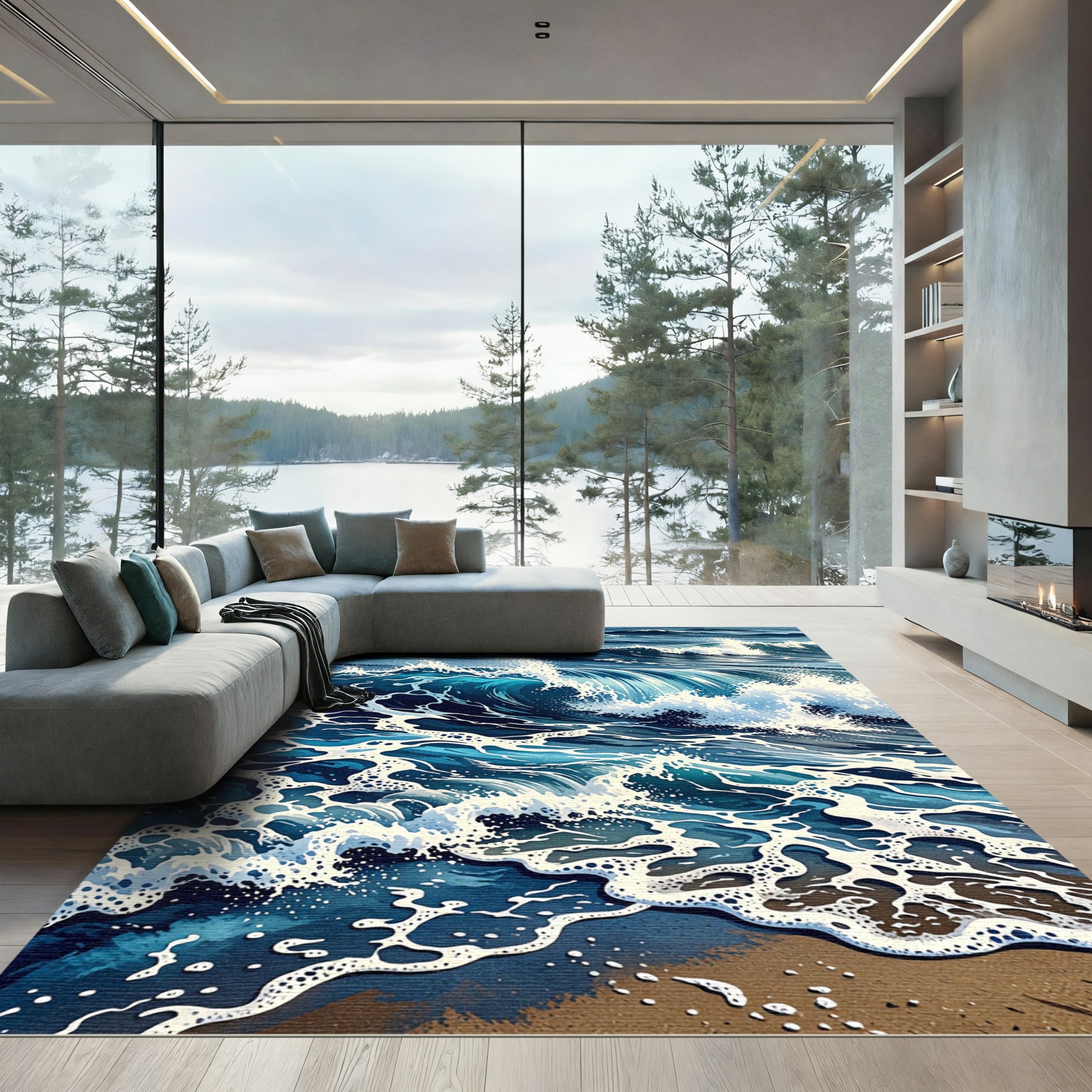 Deep Ocean Blue Crashing Wave Rug