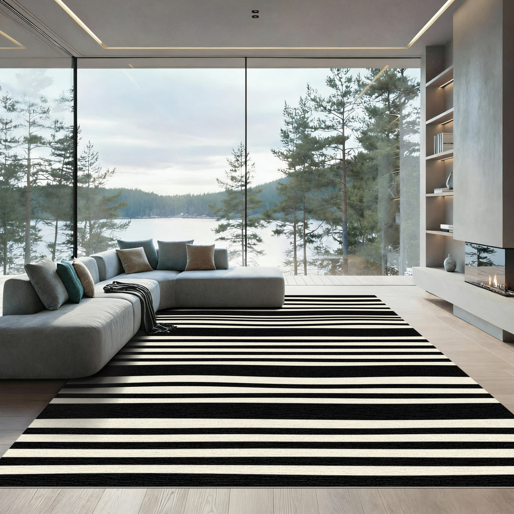 Modern Black Cream Wavy Stripe Rug