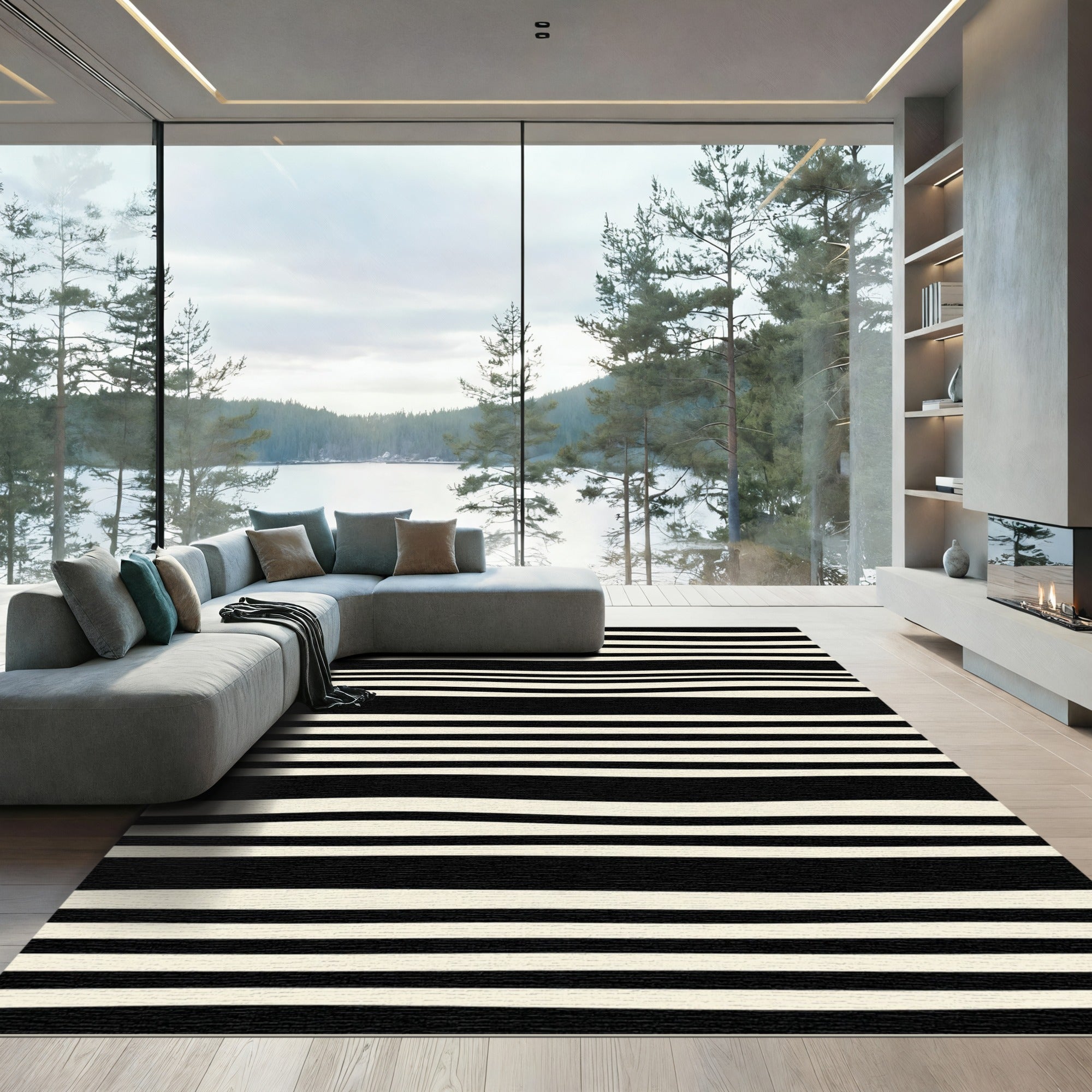 Modern Black Cream Wavy Stripe Rug