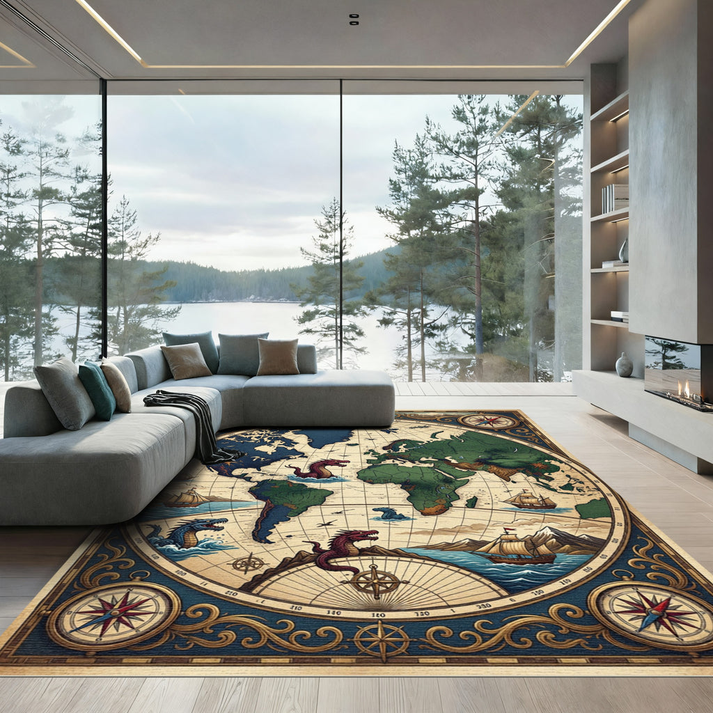 Antique Nautical Map Mythical Sea Creature Rug