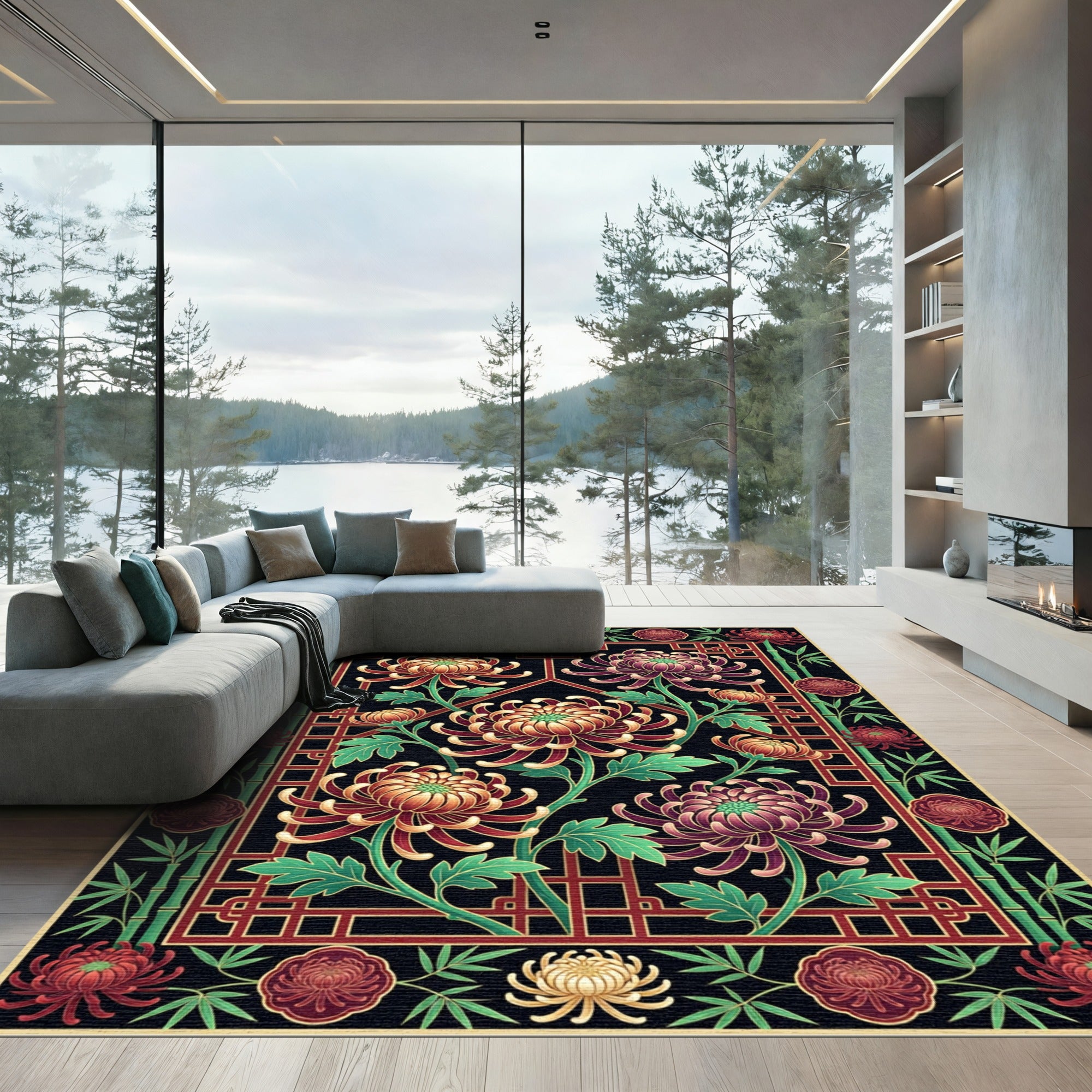 Elegant Crimson Chrysanthemum Bamboo Floral Art Rug