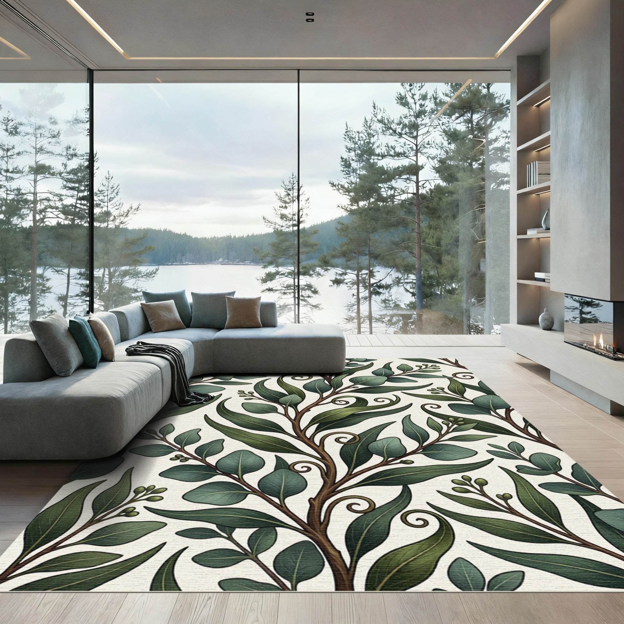 Elegant Sage Green Eucalyptus Leaf Vines Rug