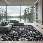 Silver Floral Scrollwork Dark Rug