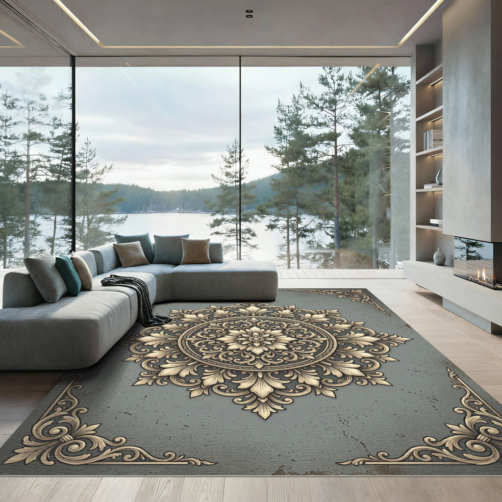 Ornate Golden Floral Gray Medallion Rug