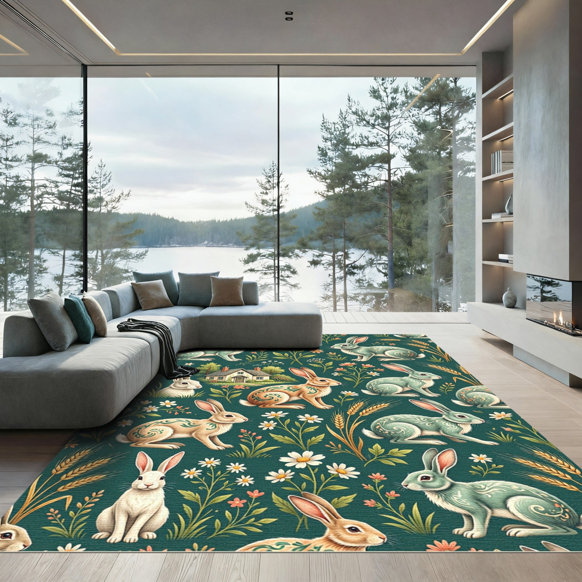 Whimsical Sage Green Folk Rabbit Meadow Rug