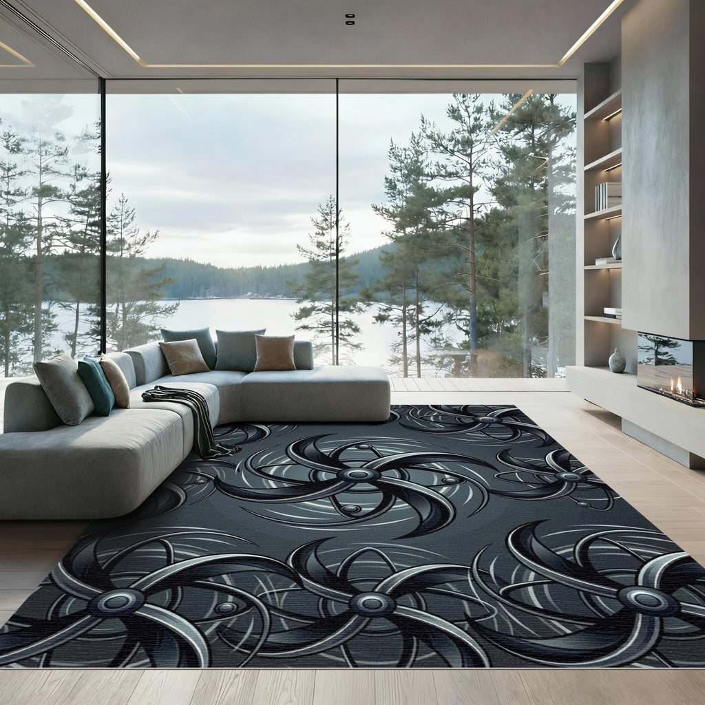 Mechanical Gray Turbine Vortex Rug