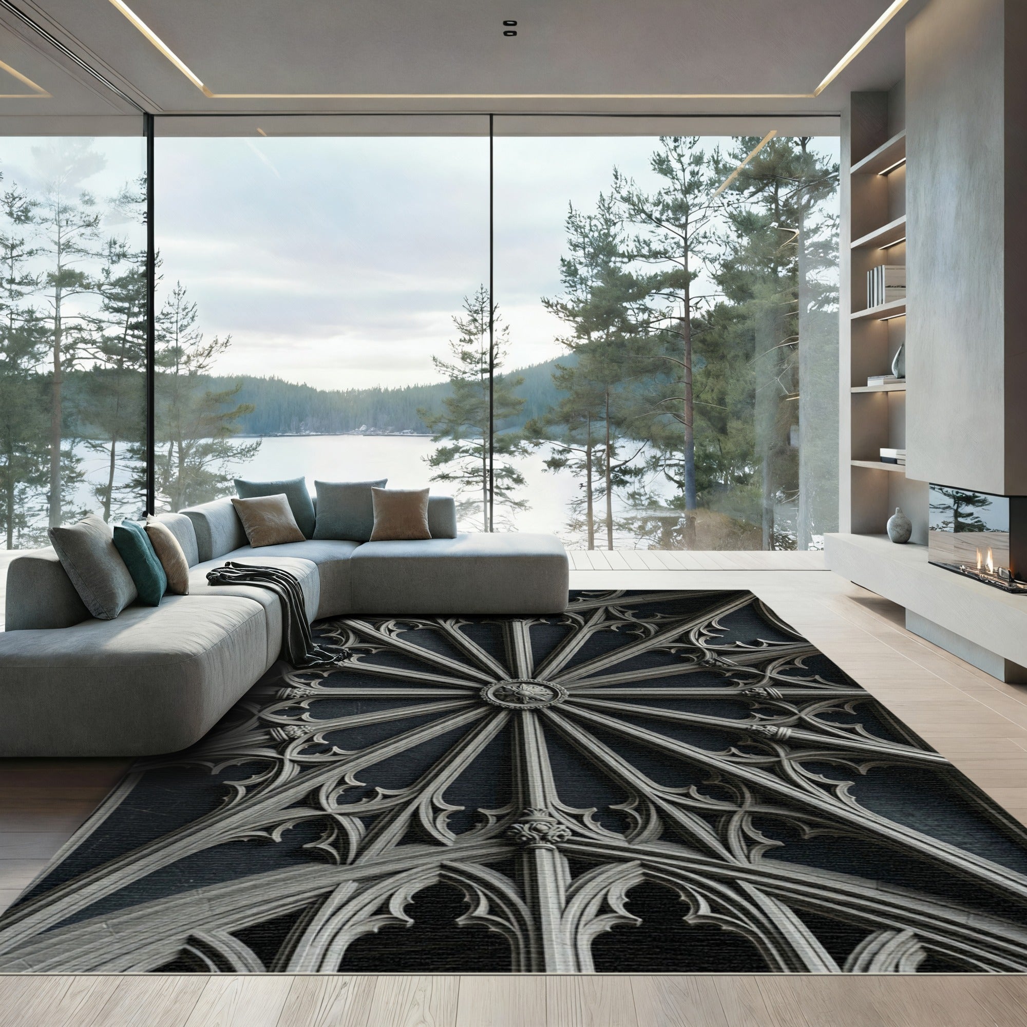 Gothic Charcoal Starburst Cathedral Medallion Rug