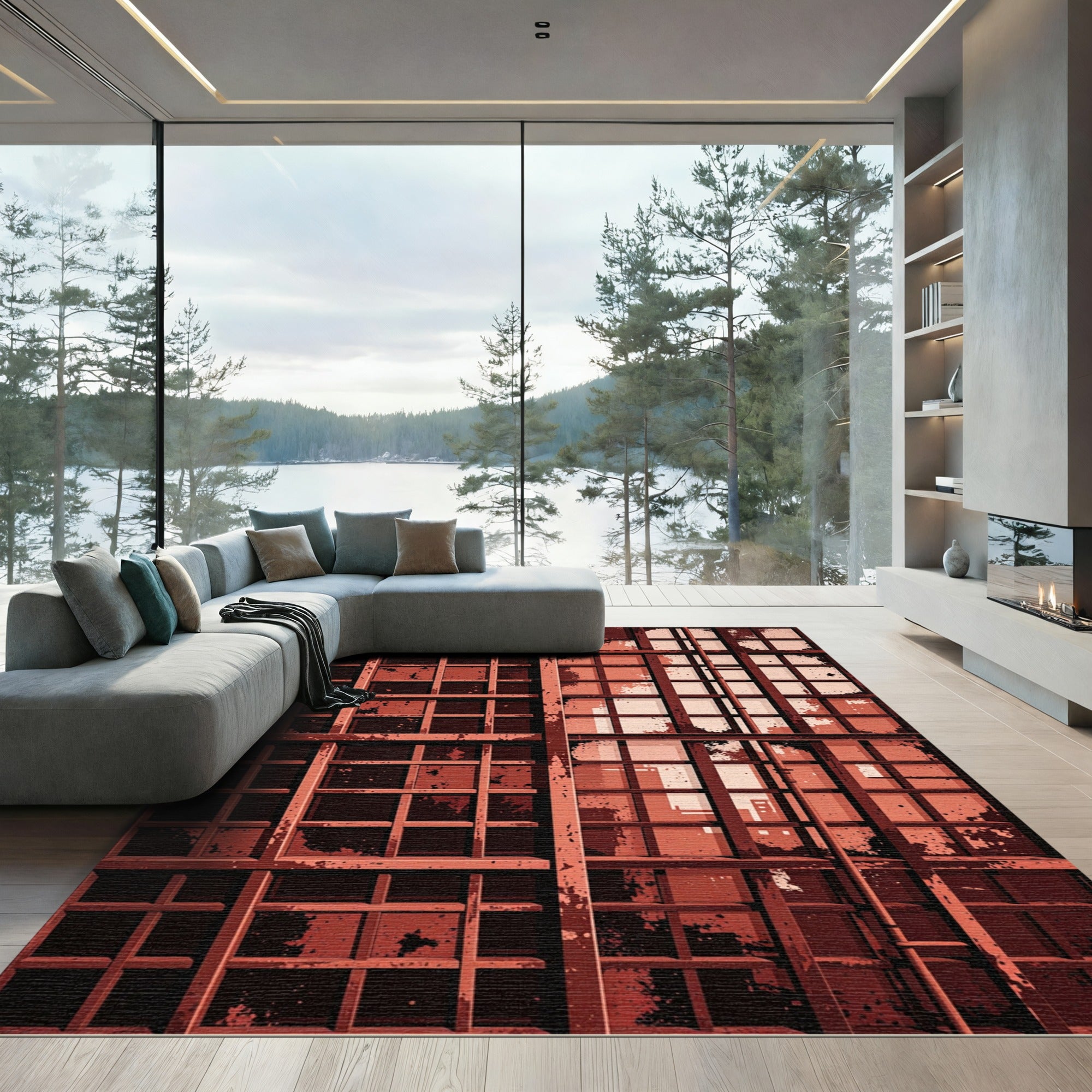 Rustic Crimson Grunge Window Grill Rug