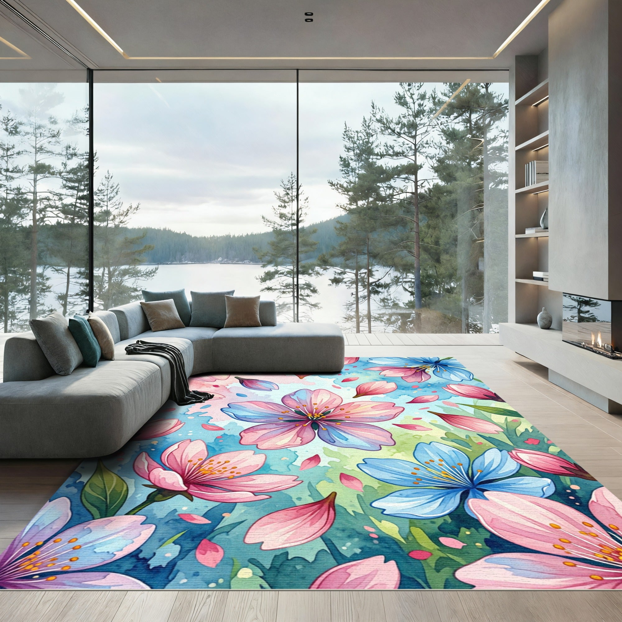Watercolor Cherry Blossom Pastel Floral Rug