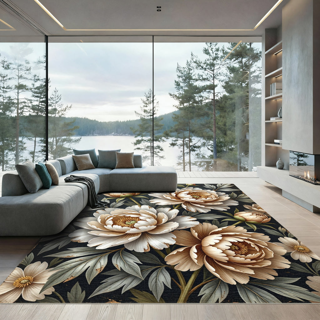 Creamy White Peony Floral Garden Rug