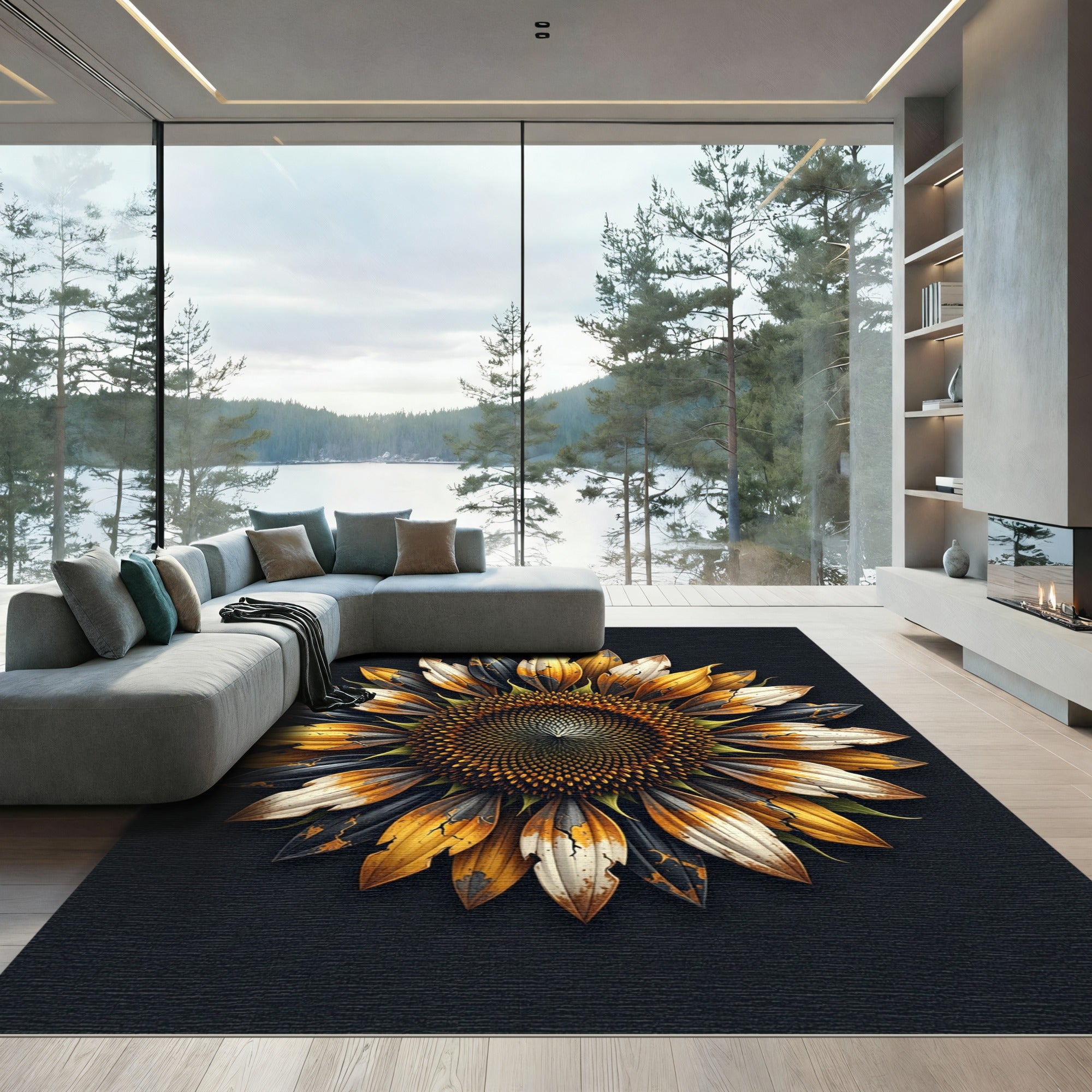 Dramatic Metallic Sunflower Macro Art Rug