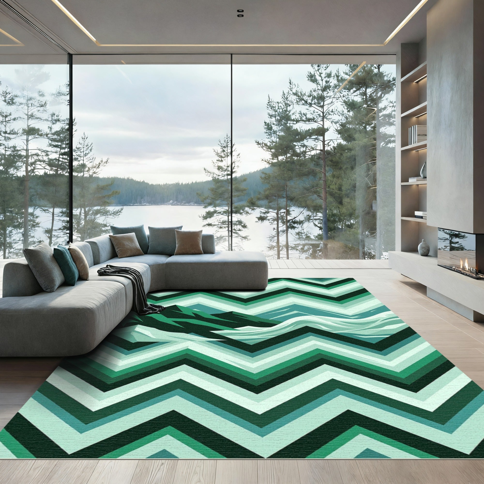 Geometric Teal Chevron Mountain Landscape Rug