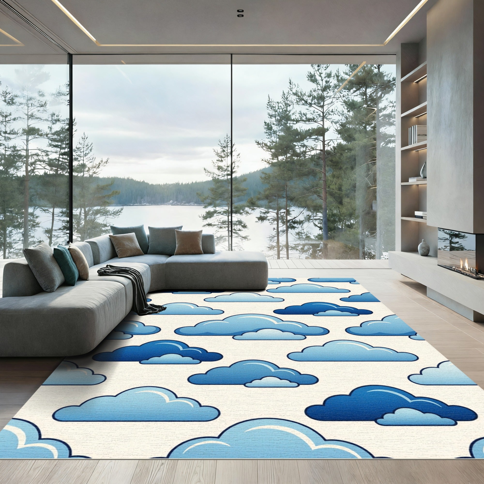 Playful Blue Sky Cloud Seamless Wallpaper Rug