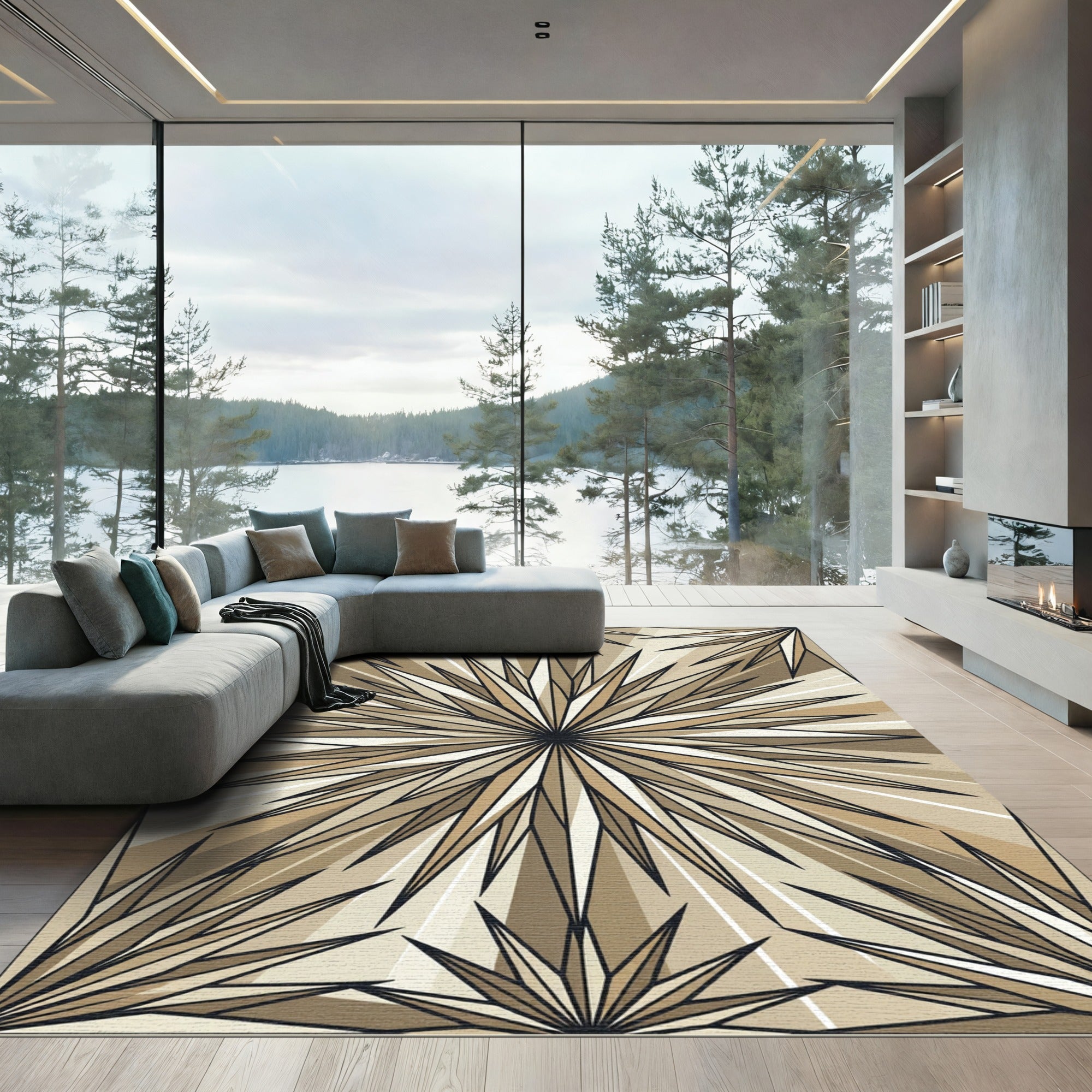 Midcentury Modern Golden Sunburst Geometric Rug
