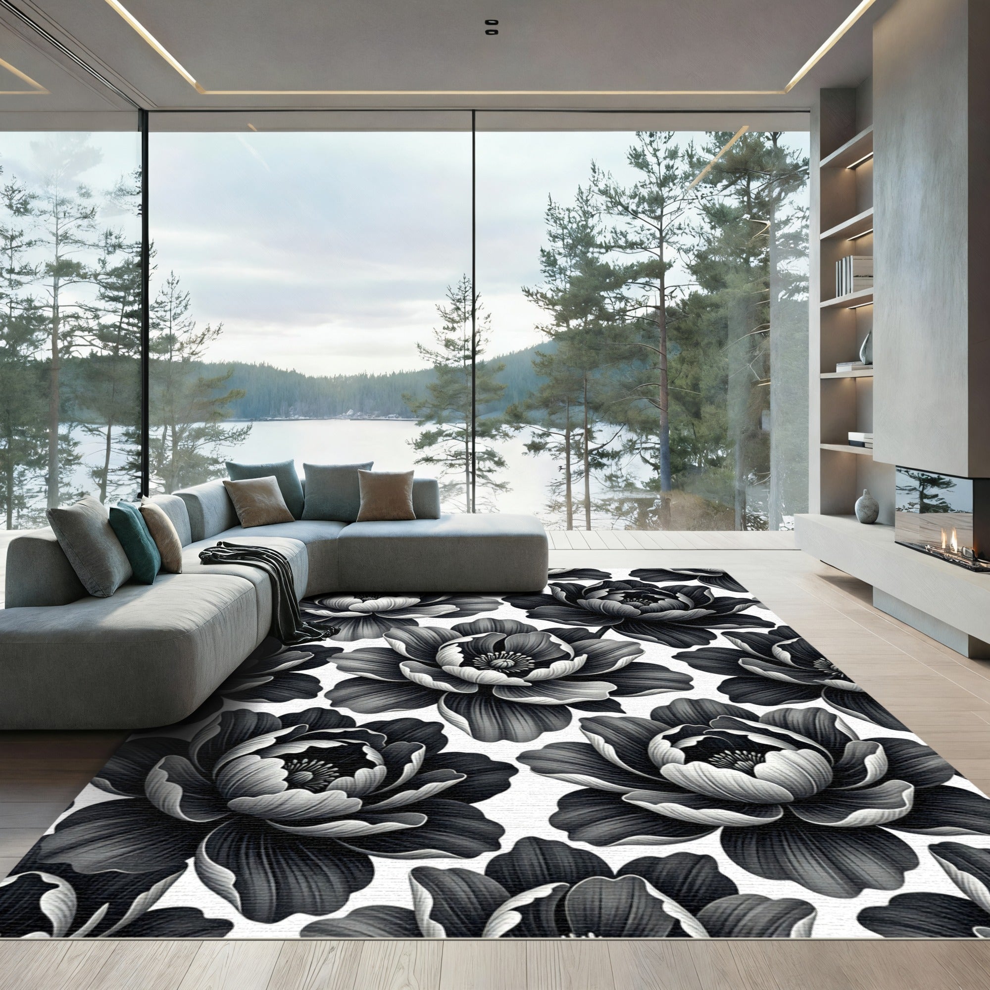 Dark Monochrome Floral Petal Repeat Rug