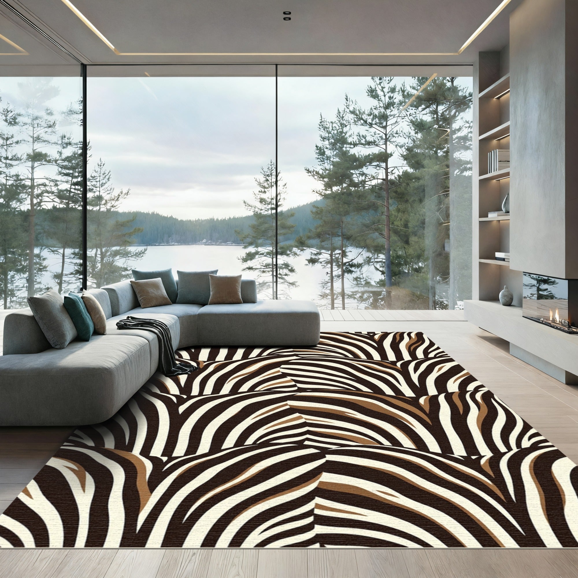 Modern Zebra Striped Earthy Tone Curve Rug