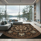 Elegant Brown Golden Floral Mandala Rug
