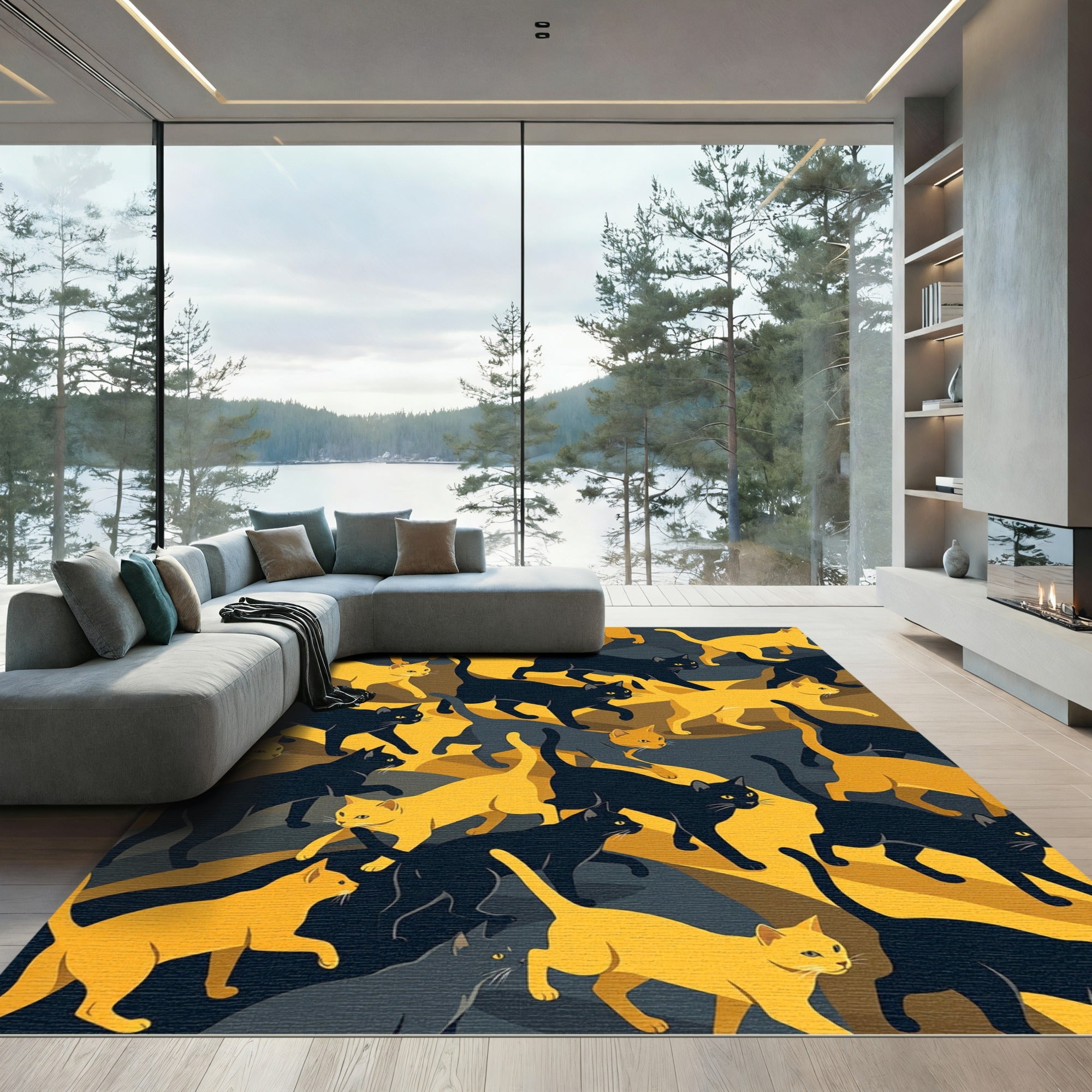 Golden Yellow Black Cat Collage Rug