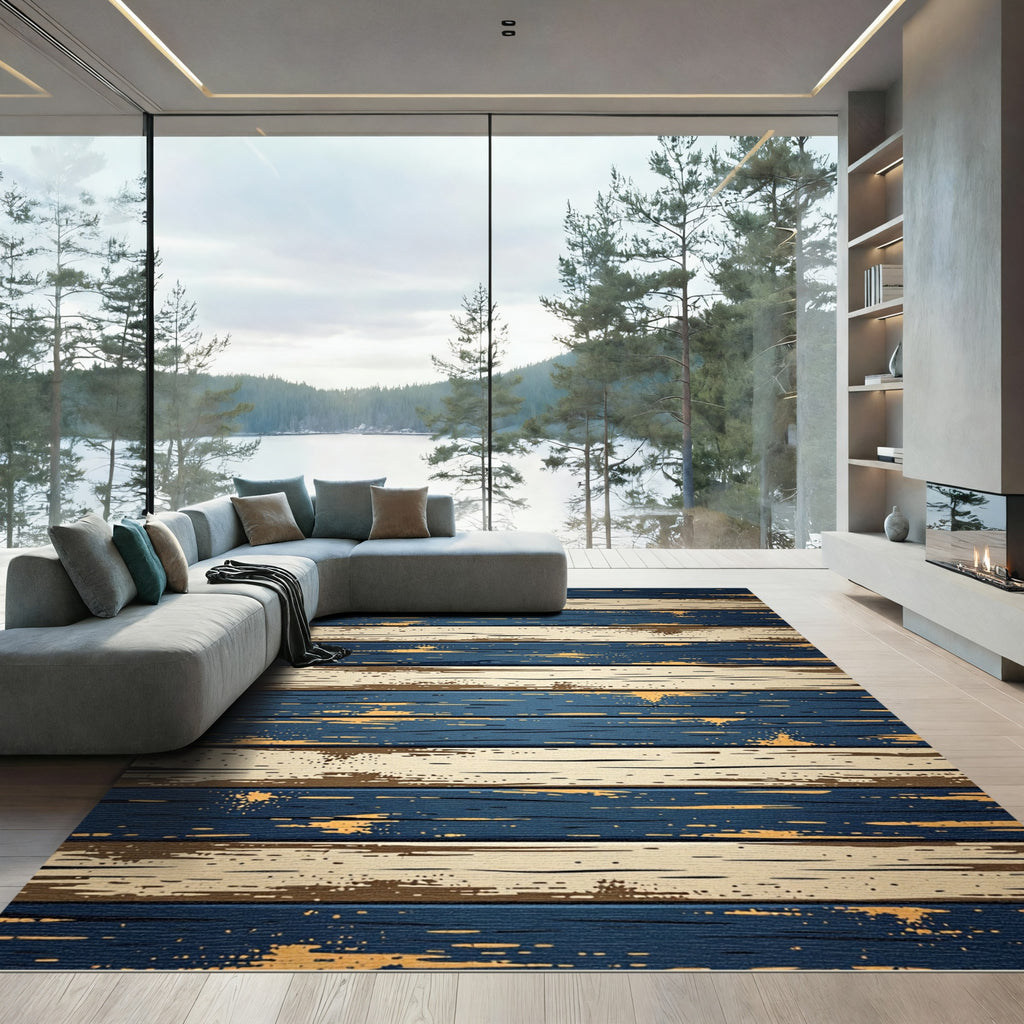Distressed Navy and Cream Horizontal Planks Rug