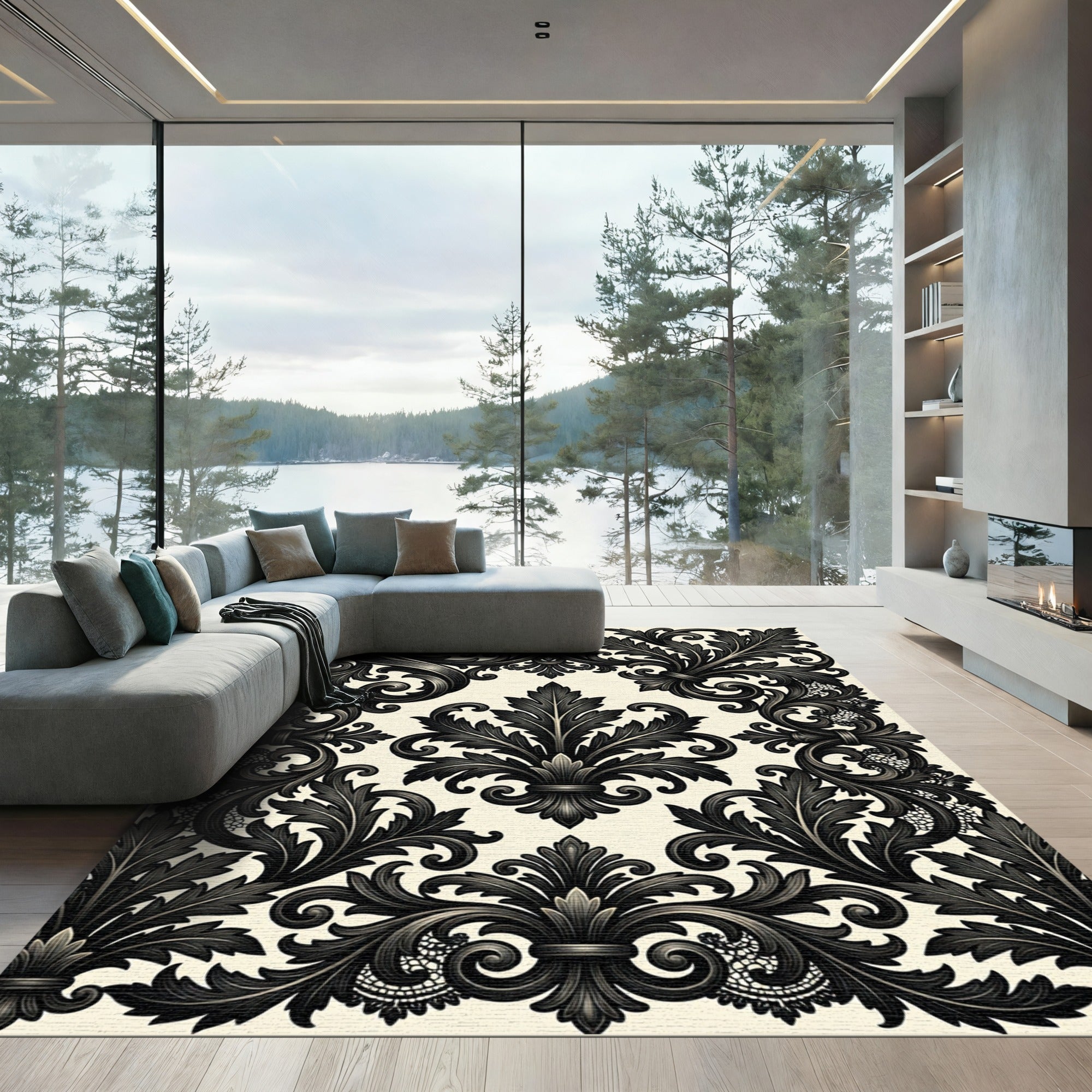Elegant Charcoal Baroque Damask Scroll Rug