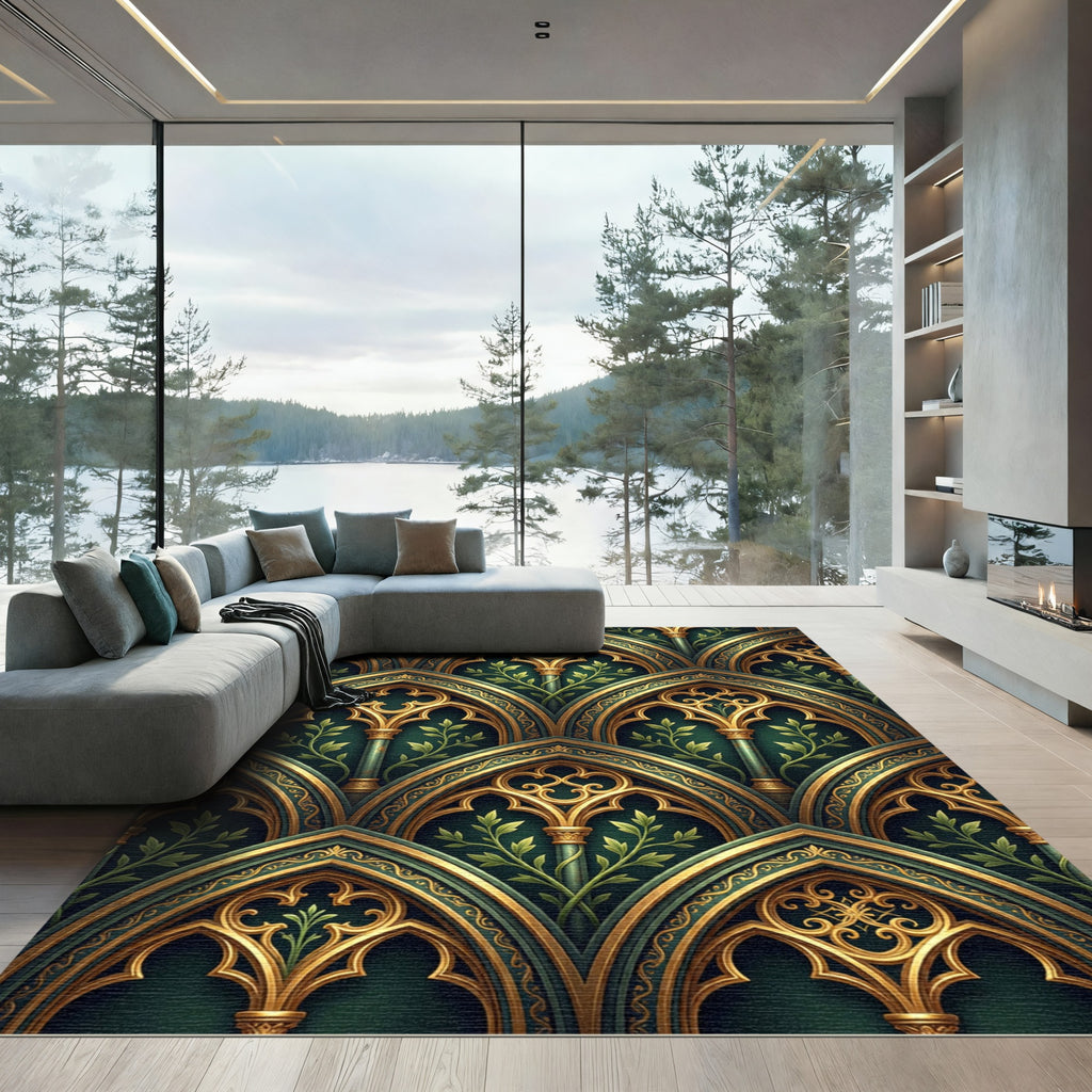 Gilded Gothic Arch Emerald Botanical Rug