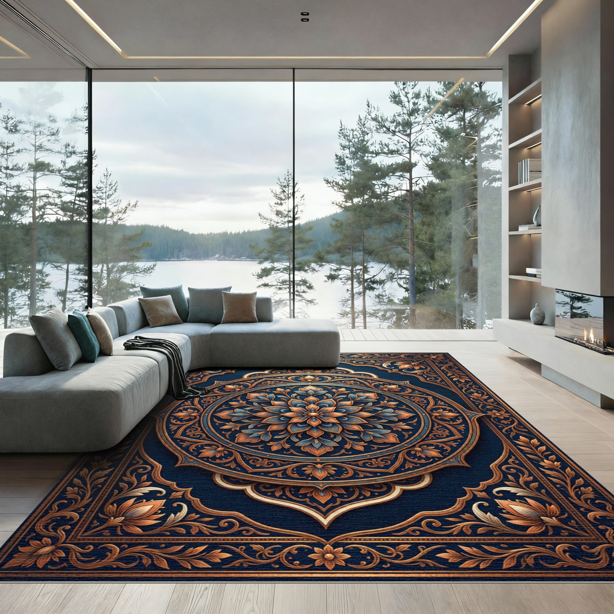 Ornate Navy Golden Floral Mandala Rug