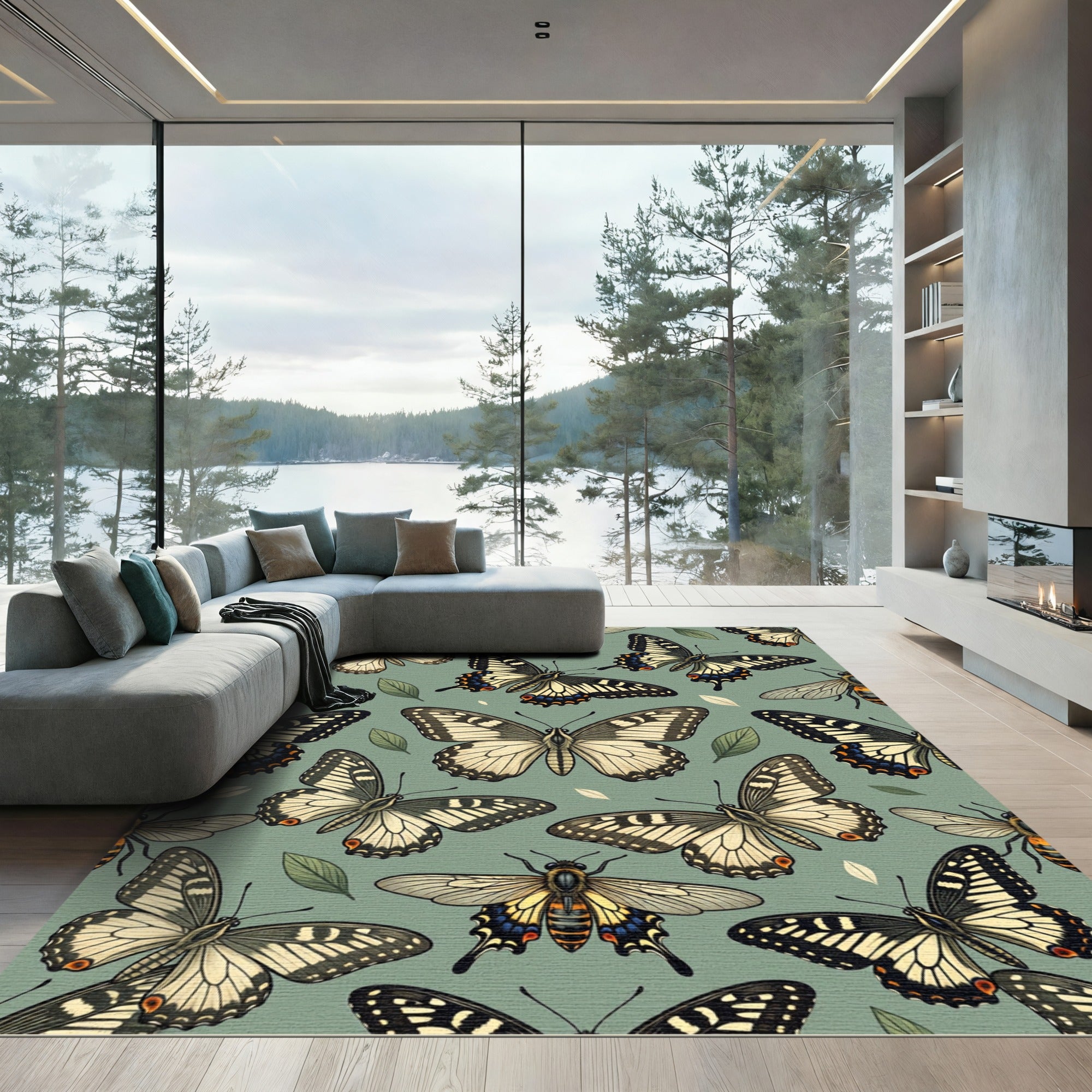 Sage Green Botanical Butterfly Ensemble Rug