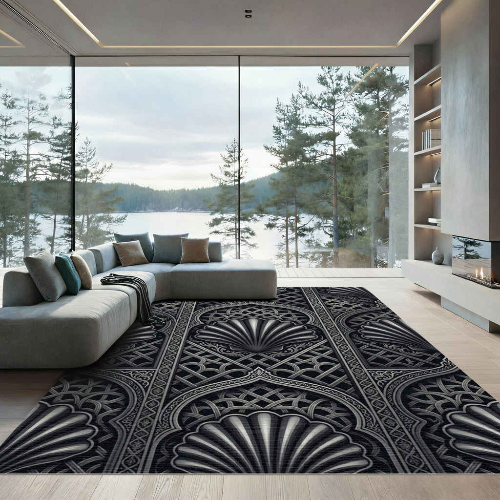 Monochrome Ornate Shell Lattice Arch Rug