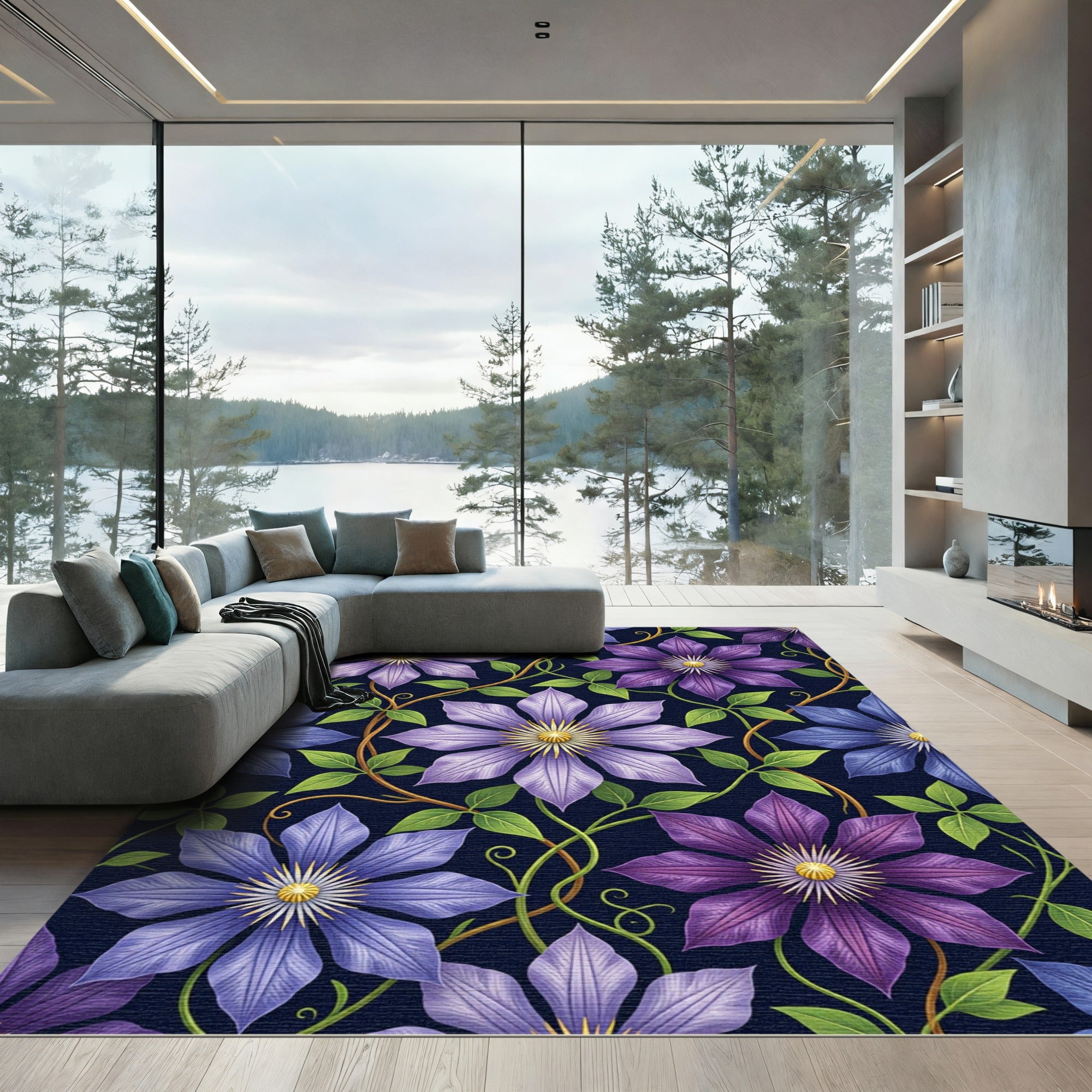 Lush Purple Clematis Botanical Vine Rug