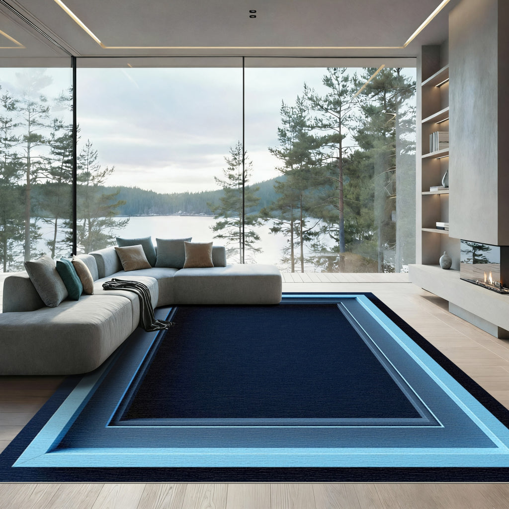 Geometric Triple Layered Blue Frame Rug