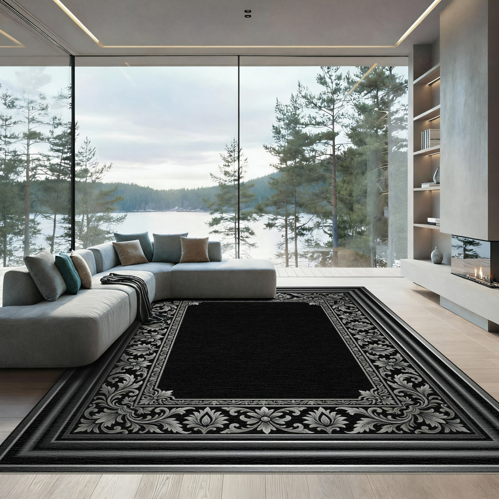 Ornate Silver Floral Border Rug