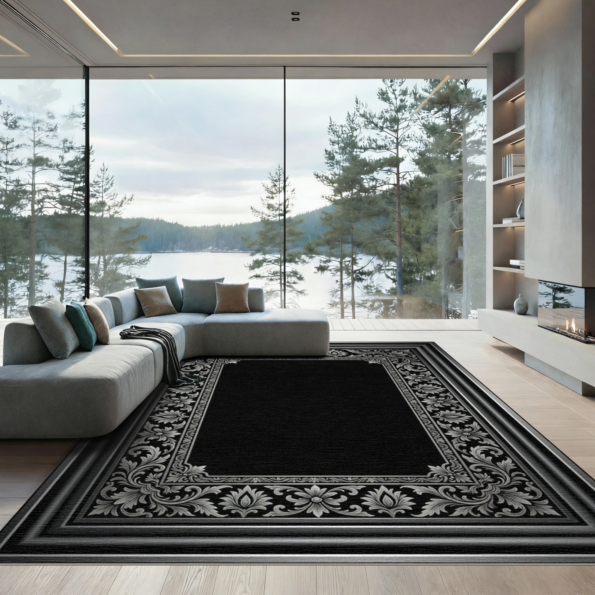 Ornate Silver Floral Border Rug