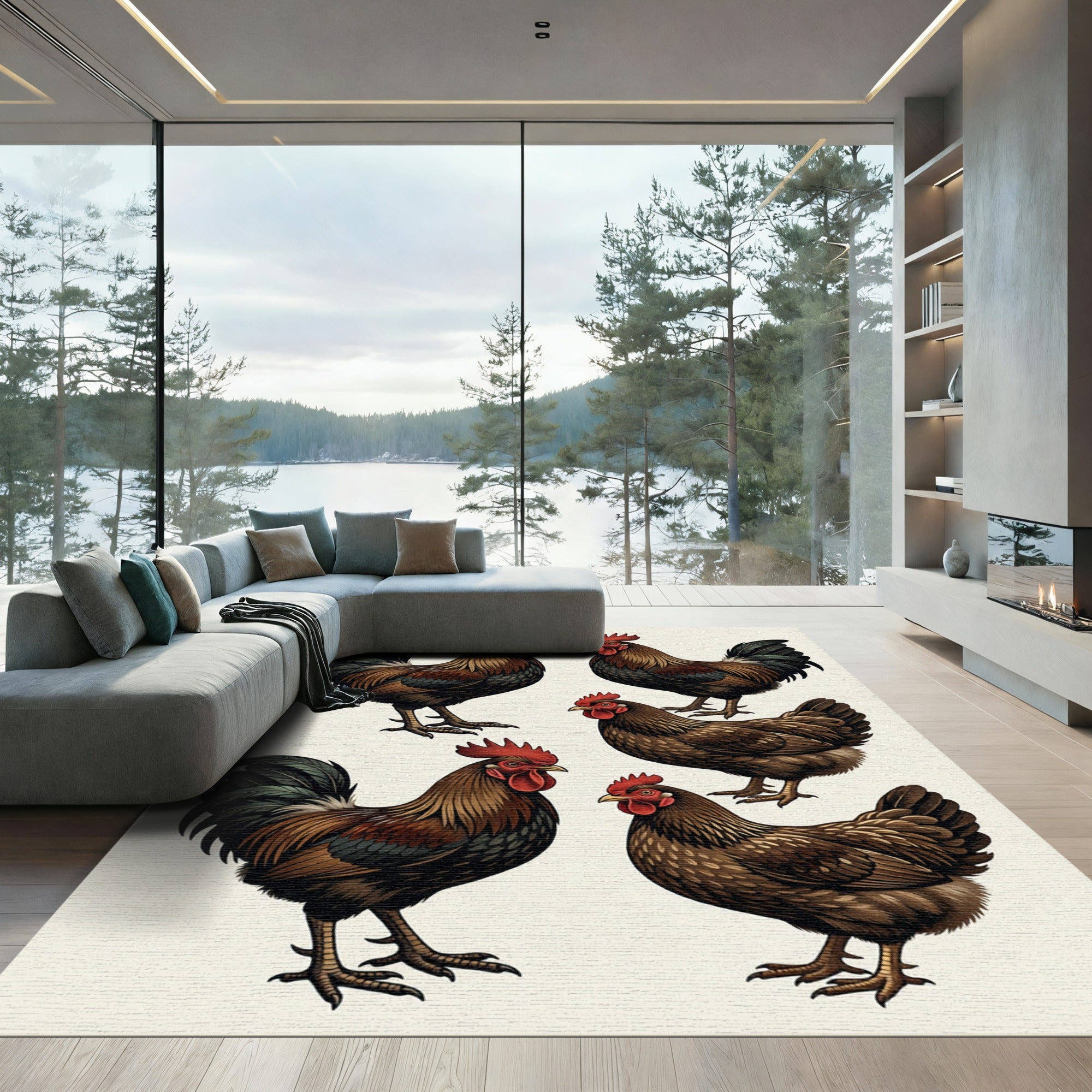 Rustic Farmhouse Brown Rooster Illustration Rug