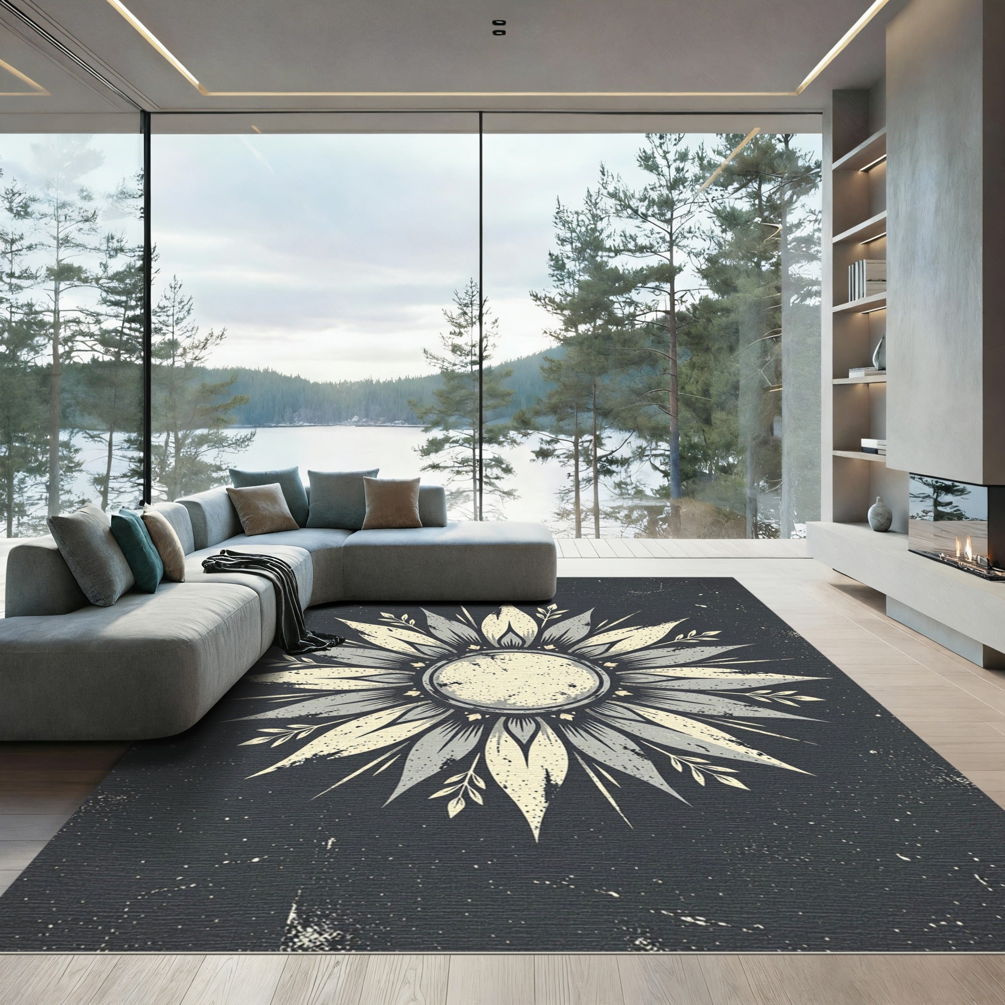 Midnight Gray Celestial Sunburst Floral Rug