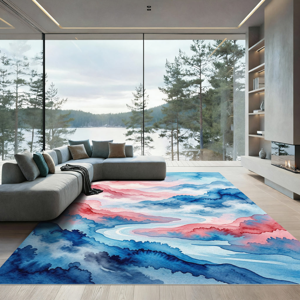 Watercolor Abstract Mist Mountain Landscape Rug