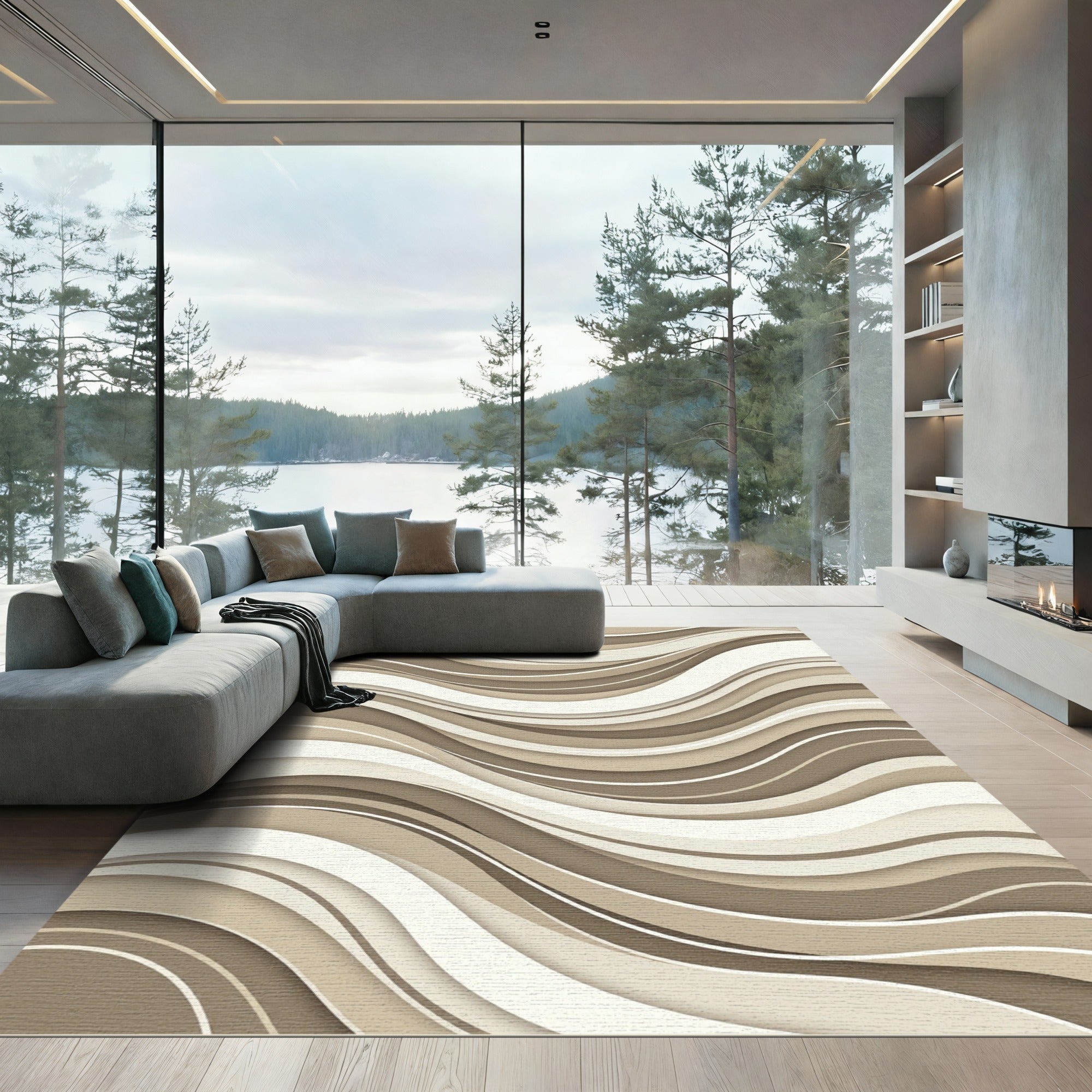 Modern Cream and Taupe Wavy Rug