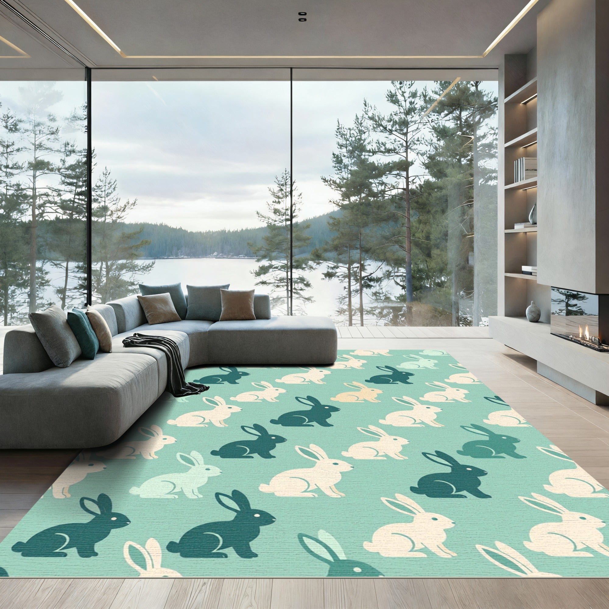 Charming Mint Green Bunny Rabbit Illustration Rug