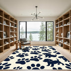Playful Navy Puppy and Paw Silhouette Rug