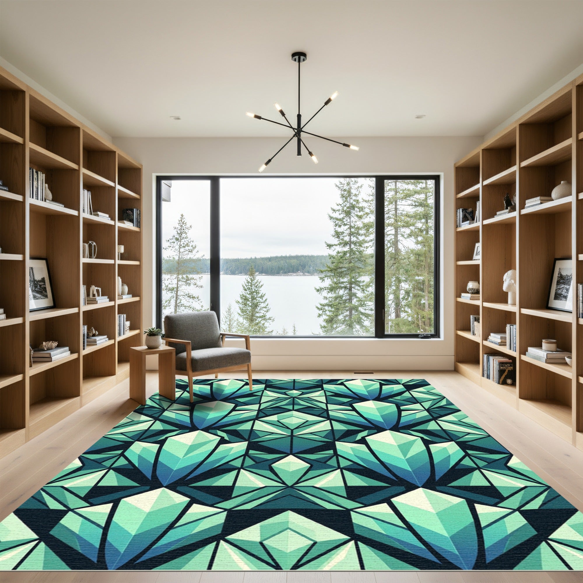 Geometric Teal Crystal Facet Symmetry Rug