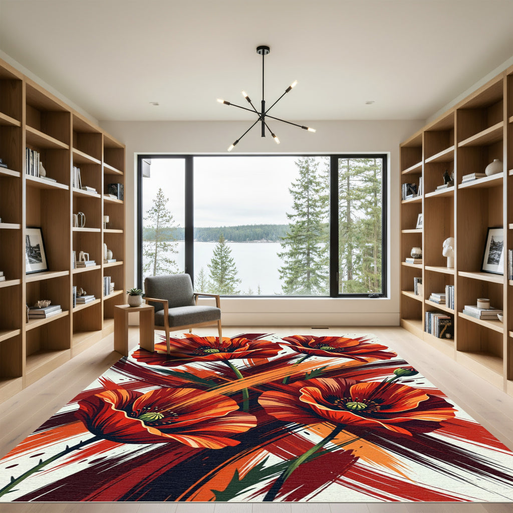 Vibrant Red Floral Abstract Brushstrokes Rug