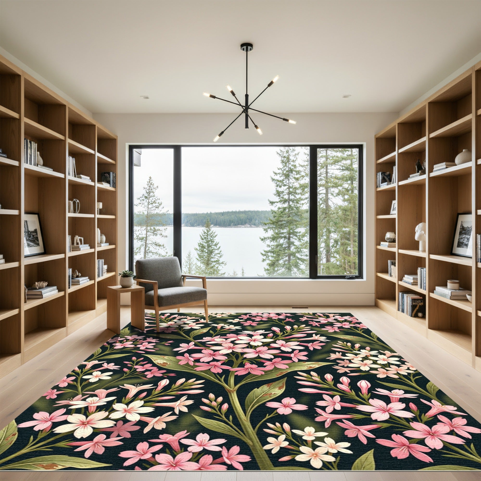 Elegant Pink Blossom Floral Dark Garden Rug