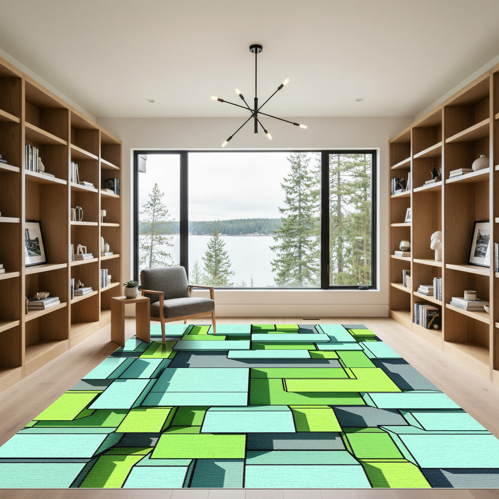 Geometric Mint and Lime Stacked Blocks Rug