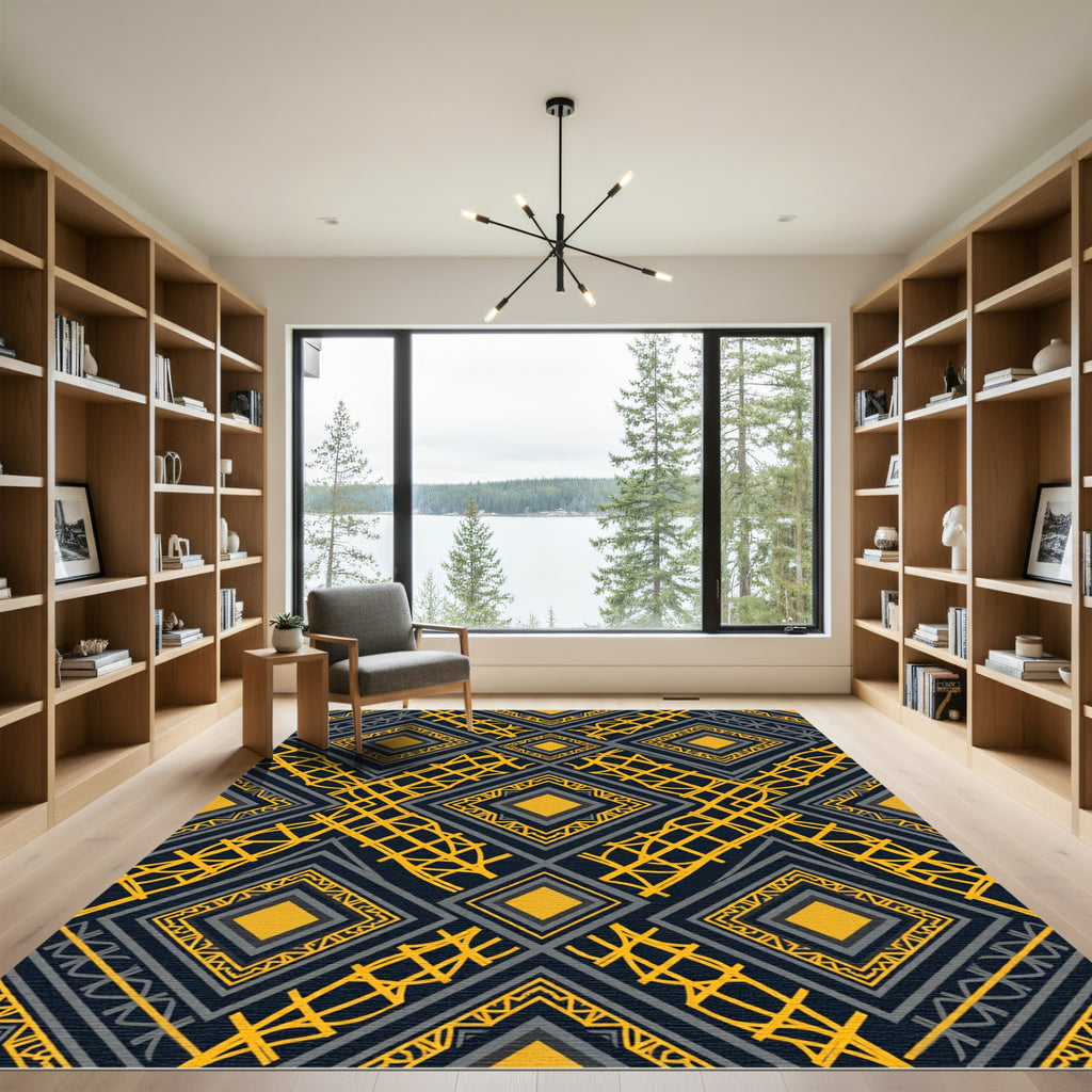 Charcoal Gold Geometric Diamond Lines Rug
